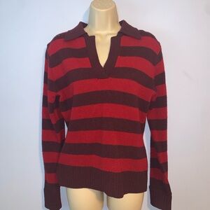 Old Navy vintage Red burgundy Striped V-Neck rugby collared Sweater lambswool M